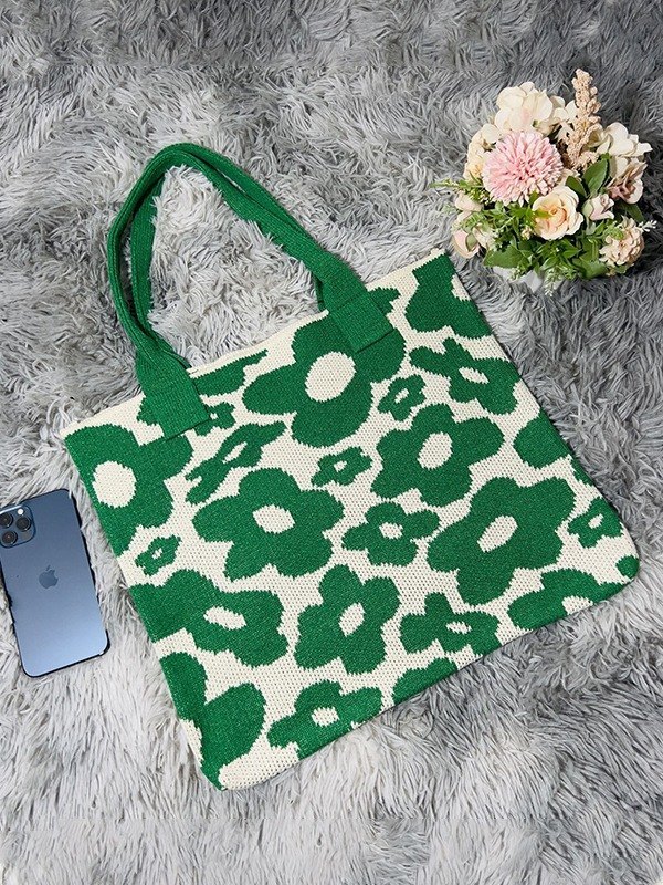 Bolso tote de punto de jacquard floral-3